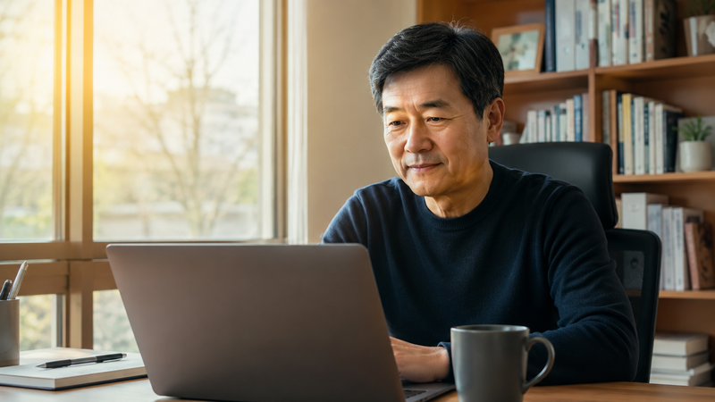 아침 브리핑 화면을 확인하는 50대 직장인